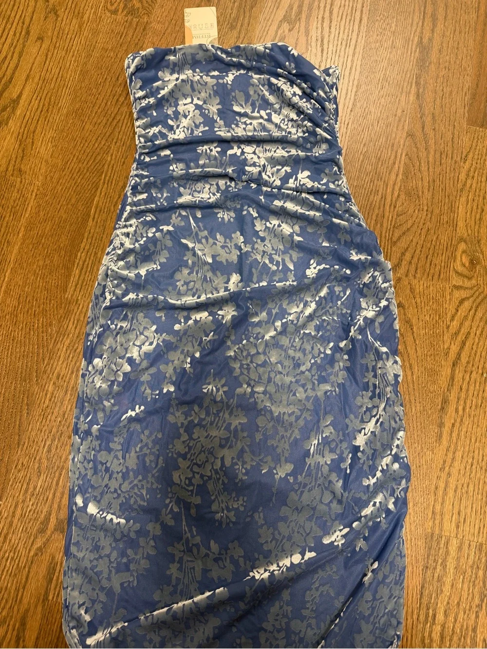 Blue Floral Strapless Midi Dress